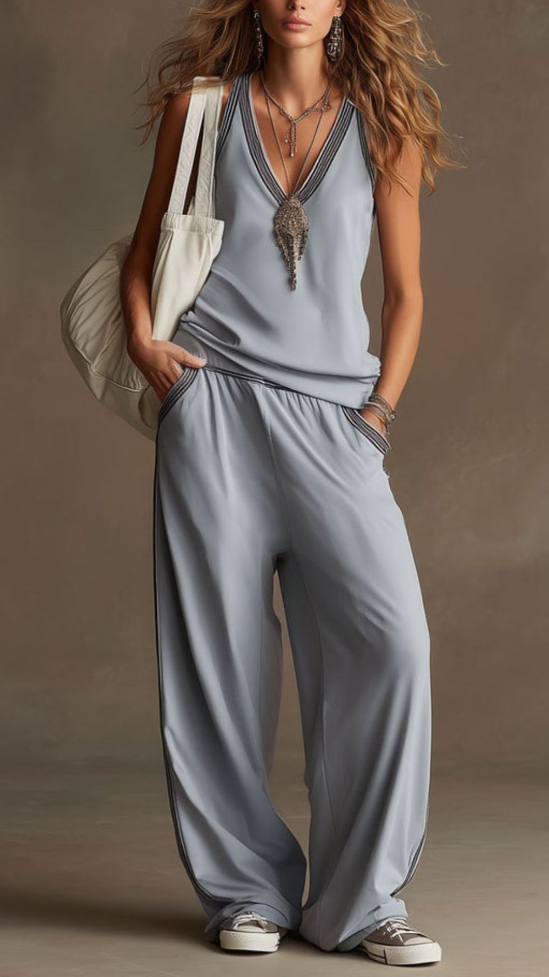 Women's V-Neck Sleeveless Wide-Leg Pants Two-Piece Set - Nordfashionstorm - Women's Clothing, Fashion for You - Nordfashionstorm.com
