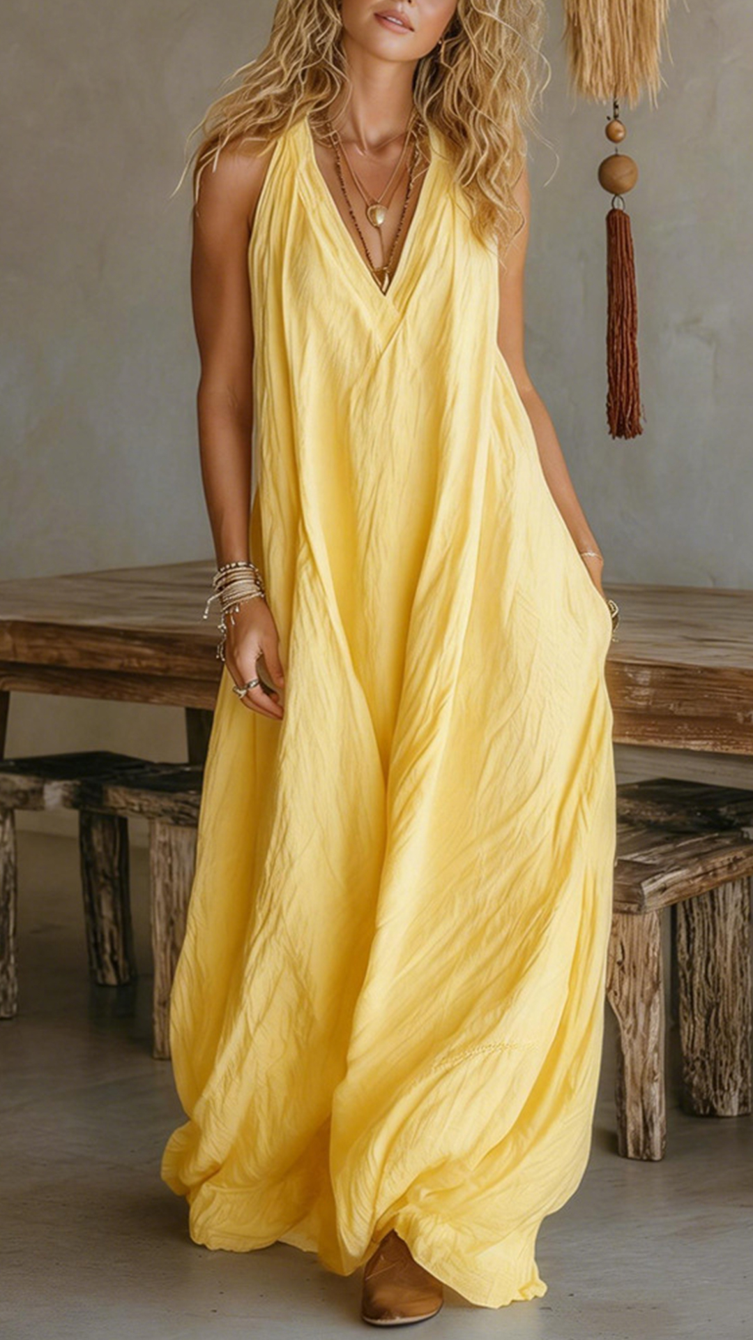Women's Halter V-Neck Linen-Blend Maxi Dress - Nordfashionstorm - Women's Clothing, Fashion for You - Nordfashionstorm.com