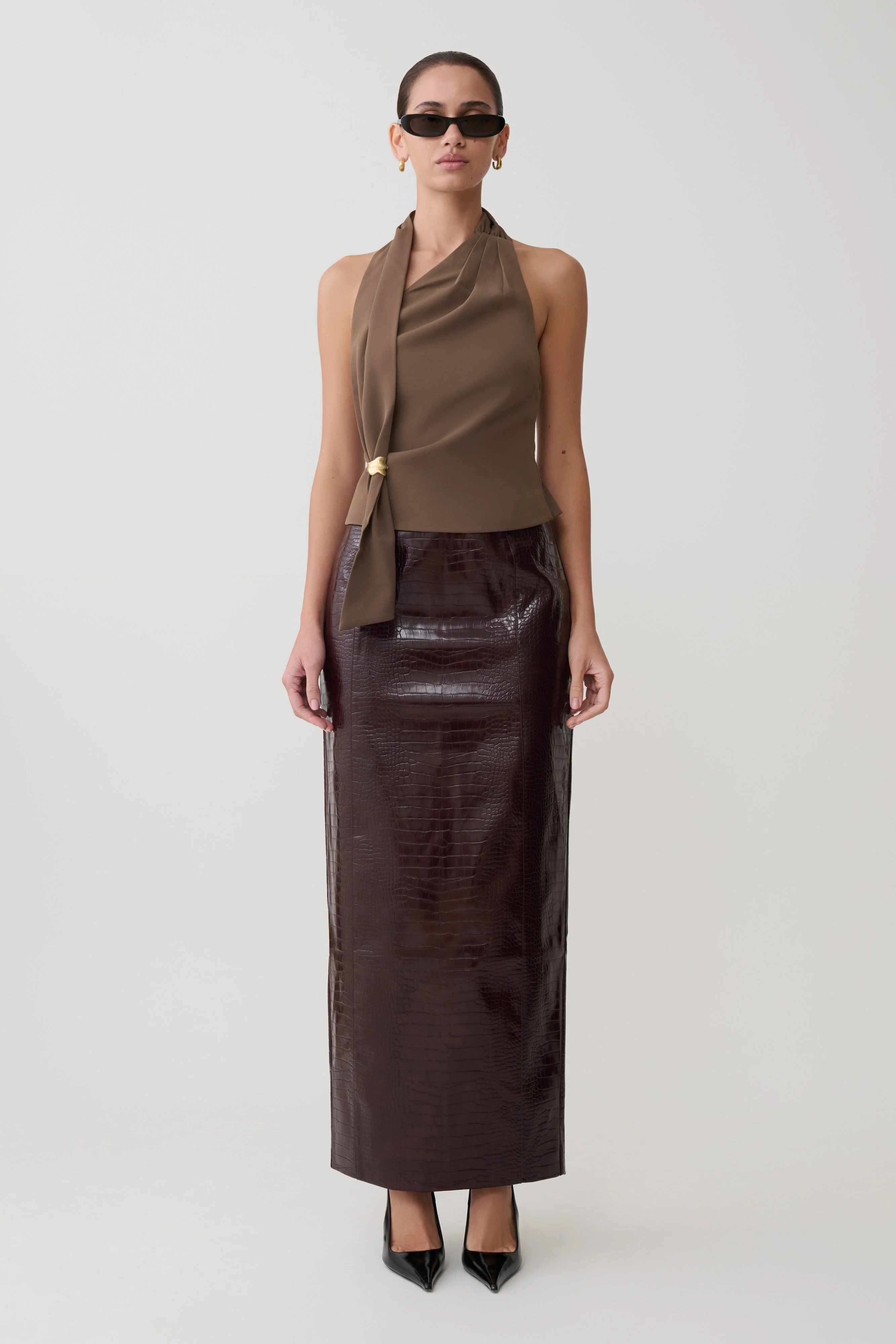 Marina Halter Top With Hardware - Cacao Brown
