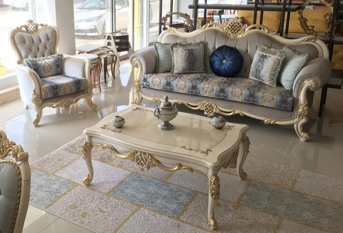 Luxury Baroque Living Room Set Gray / Blue / White / Gold - 2 Sofas & 2 Armchairs & 1 Coffee Table - Living Room Furniture in Baroque Style - Noble & Magnificent