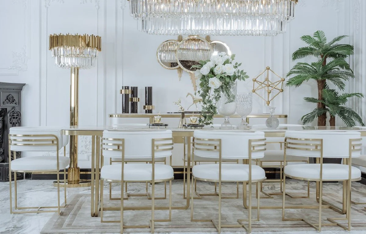 Luxury dining room chair set with armrests white / gold 58 x 51 x H. 76 cm - kitchen chairs set of 8 - dining room furniture - restaurant furniture - luxury furniture - luxury furnishings