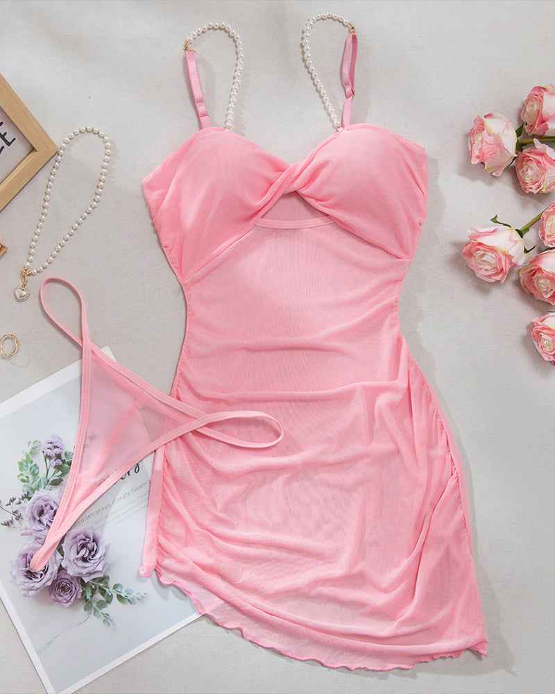 Pearl Strap Hollow Mesh Slip Dress