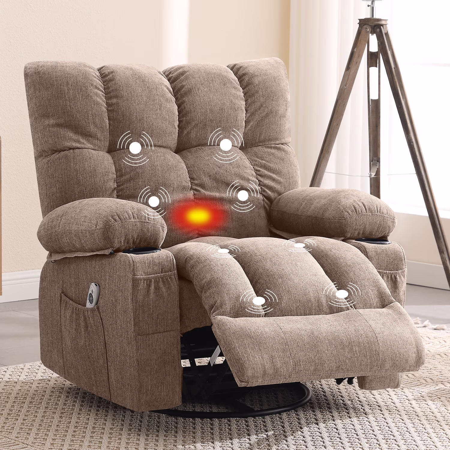 JONPONY Manual Recliner Chair with Heat Therapy and Massage Function, Heavy Duty Reclining Mechanism Massage Chair, Elderly Single Rocker Sofa with Cup Holders for Bedroom Home Theater, Grey