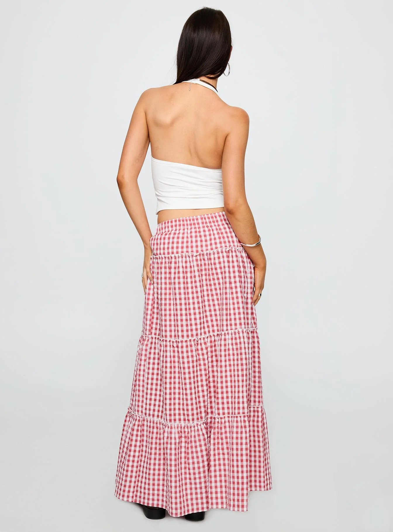 Ilaina Tiered Maxi Skirt Red Check