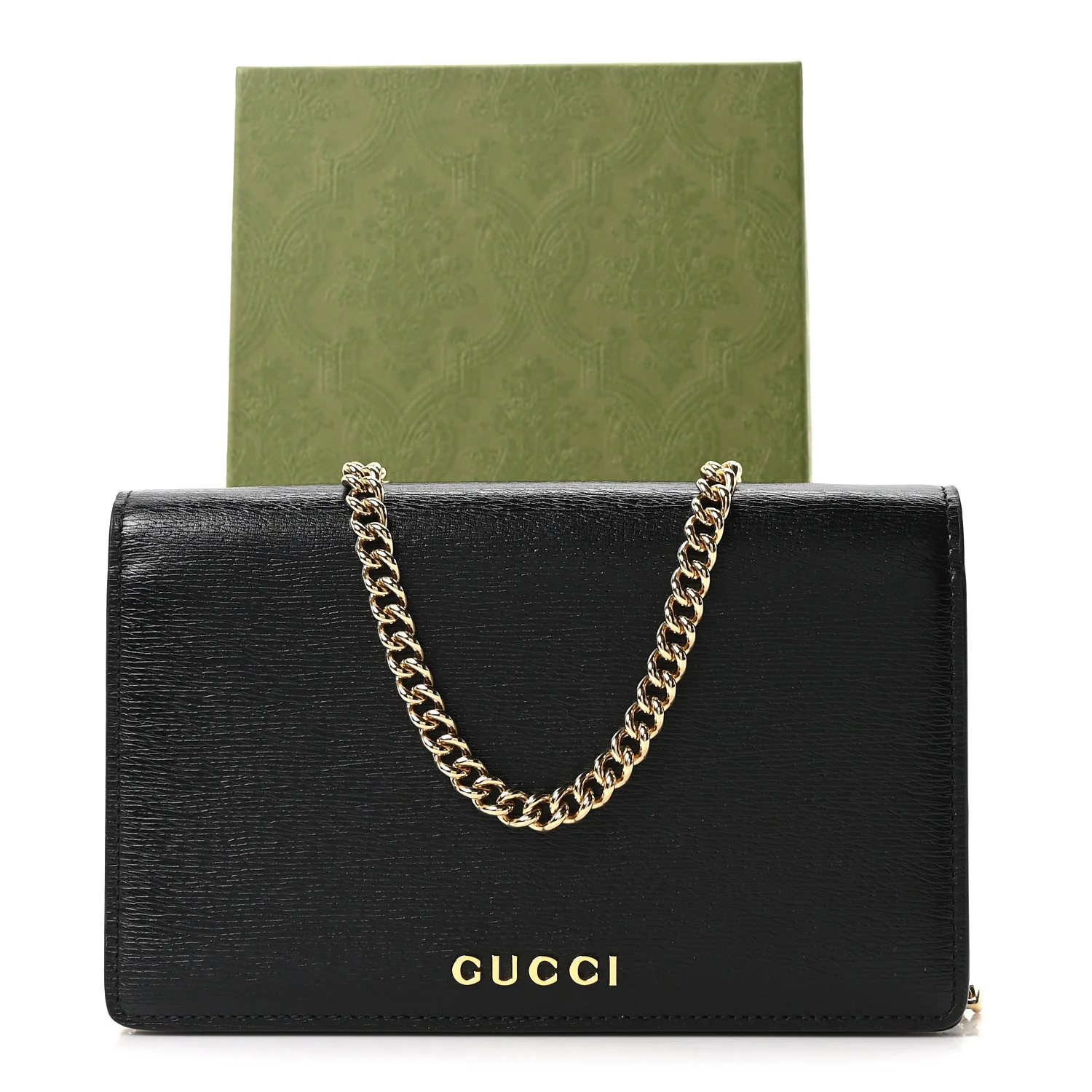 Textured Calfskin Script Logo Wallet On Chain Black - Top Club