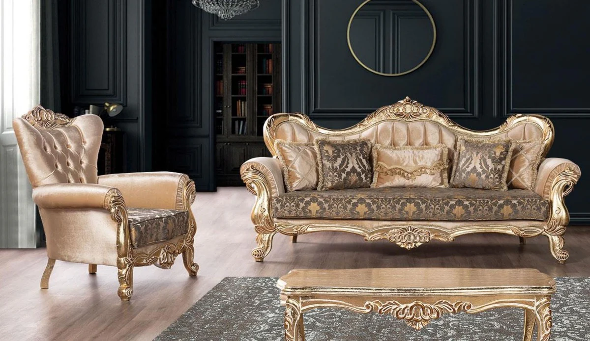 Luxury Baroque Living Room Set Beige / Black / Gold - 2 Baroque Sofas with Pattern & 2 Baroque Armchairs with Pattern & 1 Baroque Coffee Table - Baroque Living Room Furniture