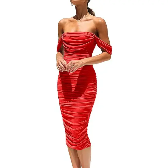PrettyGarden Women's Summer Midi Dress Off Shoulder Ruched Bodycon Dresses Sleeveless Fitted Party Club Cocktail Womenswear