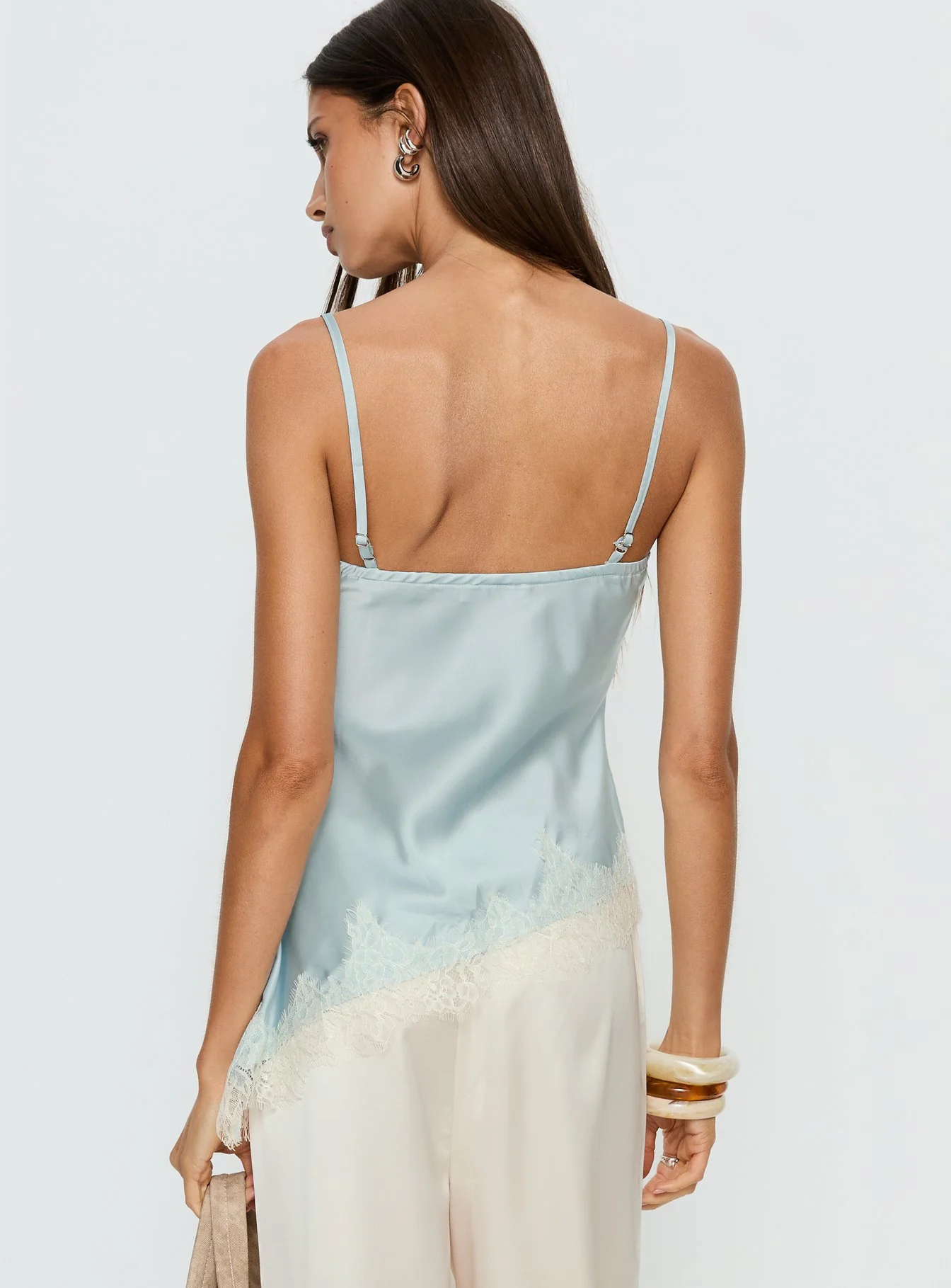 Winta Lace Trim Asymmetrical Satin Top Blue