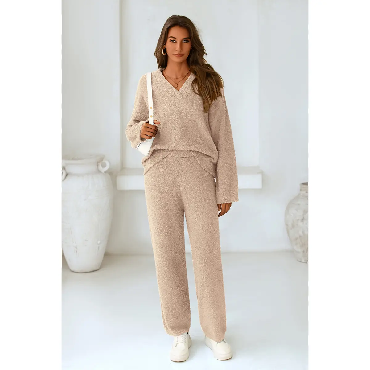 PRETTYGARDEN Women's 2-Piece Lounge Set Soft Chunky V Neck Tops & Wide Leg Long Pants Basic 100% Polyester Tracksuit Loungewear Minimalist Homewear Pajama