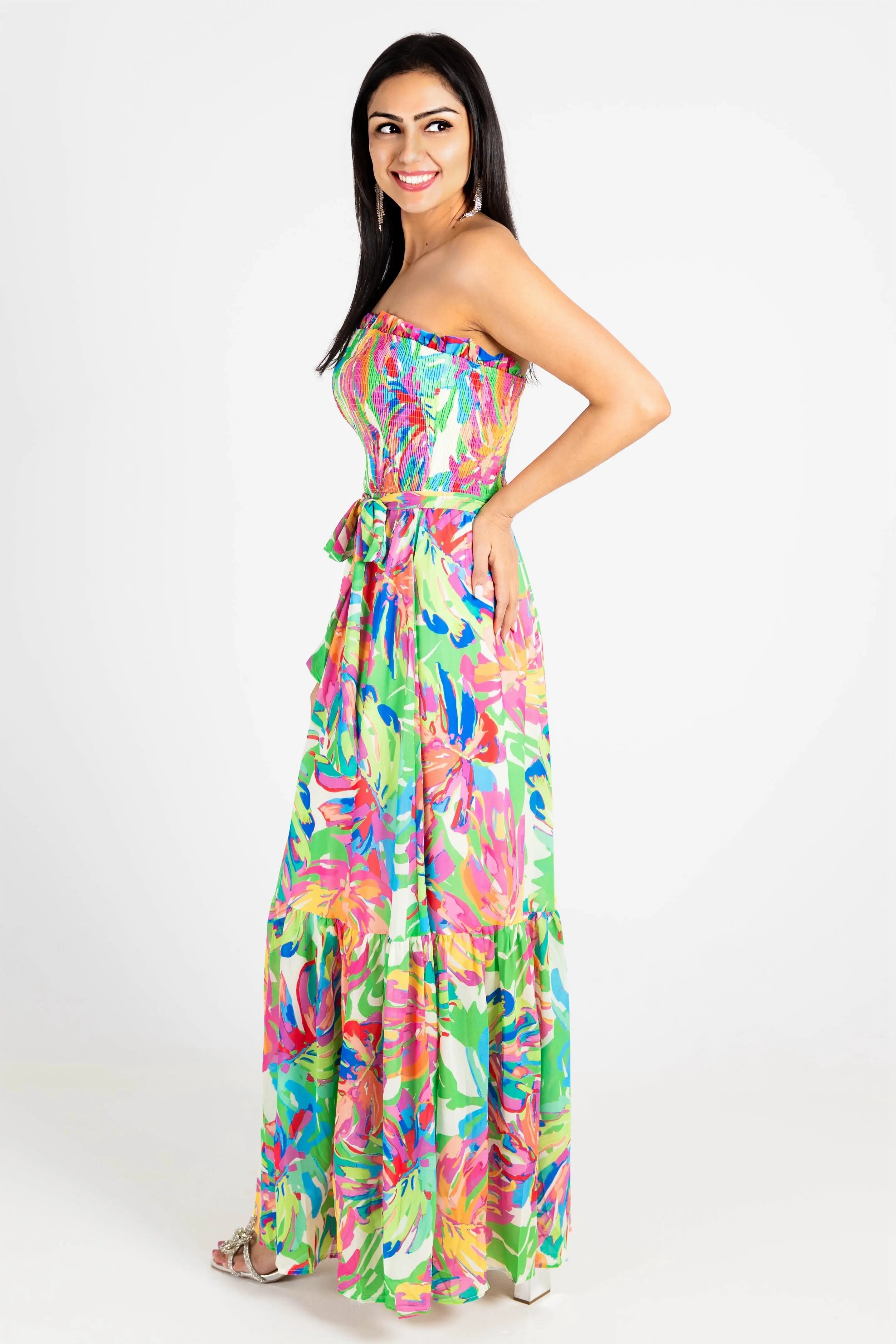 Tropical Breeze Smocked Strapless Maxi Dress - ALJEGJ