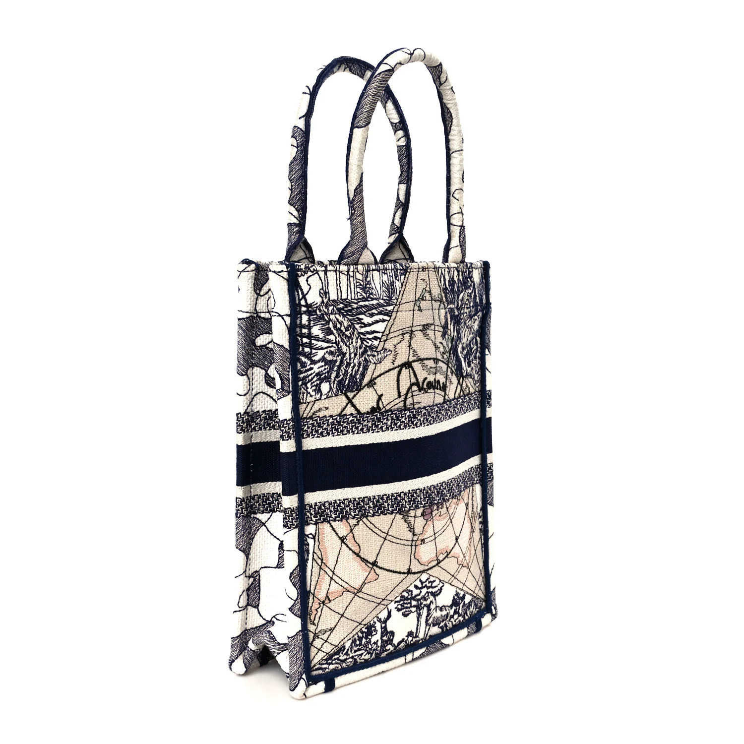 Canvas Embroidered Around The World Vertical Book Tote Blue - Top Club