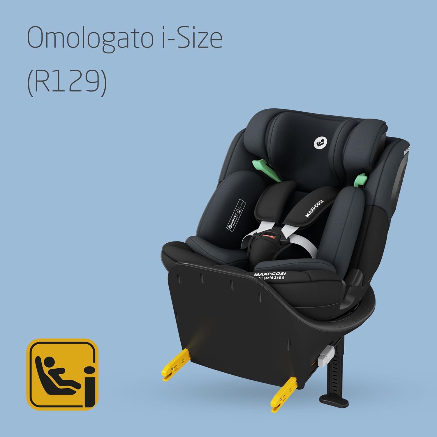 Maxi-Cosi Emerald 360 S i-Size, Seggiolino auto girevole 360, 0-12 anni (40-150 cm), Seggiolino auto neonato, 4 posizioni reclinate, Protezione dagli impatti laterali G-CELL, Tonal Black