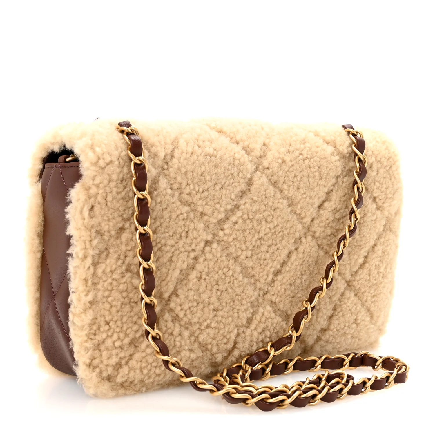 Shearling Lambskin Quilted Furry Coco Flap Dark Brown Beige - Top Club