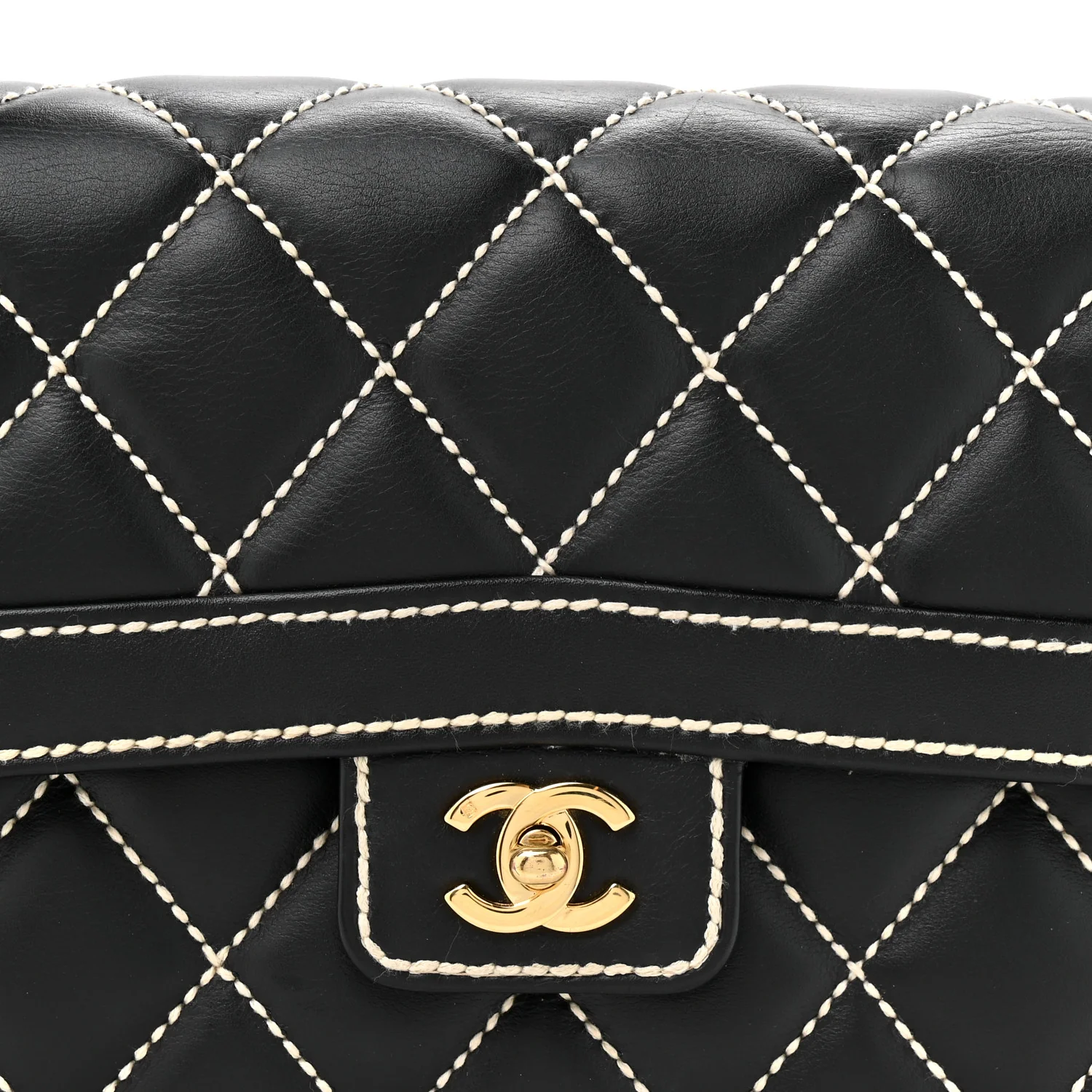 Calfskin Quilted Wild Stitch Large Top Handle Flap Black - Top Club