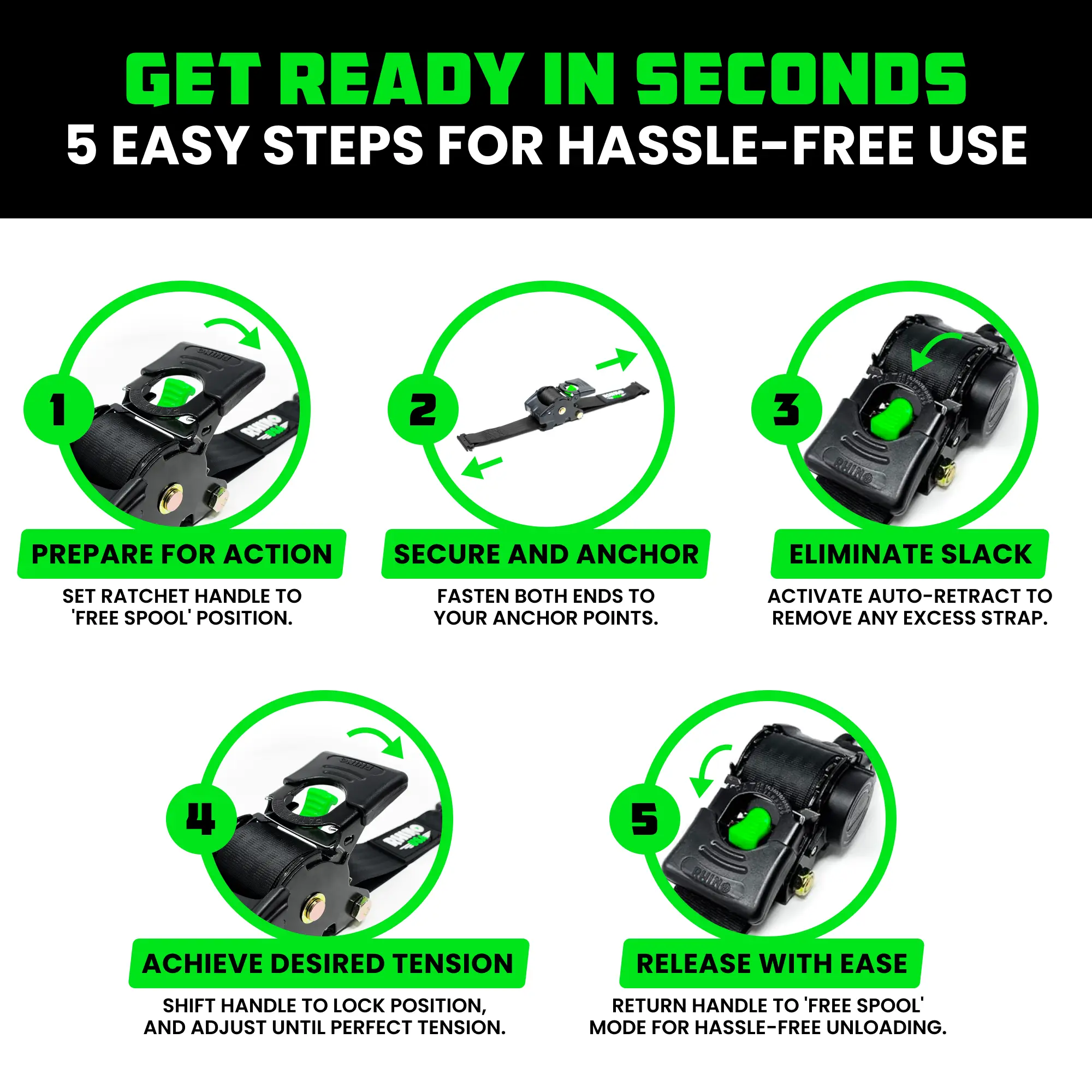 Rhino USA 2”x10’ Retractable E-Track Ratchet Straps: 3033lb Max Break Strength Compatible with E Track Rail Systems only