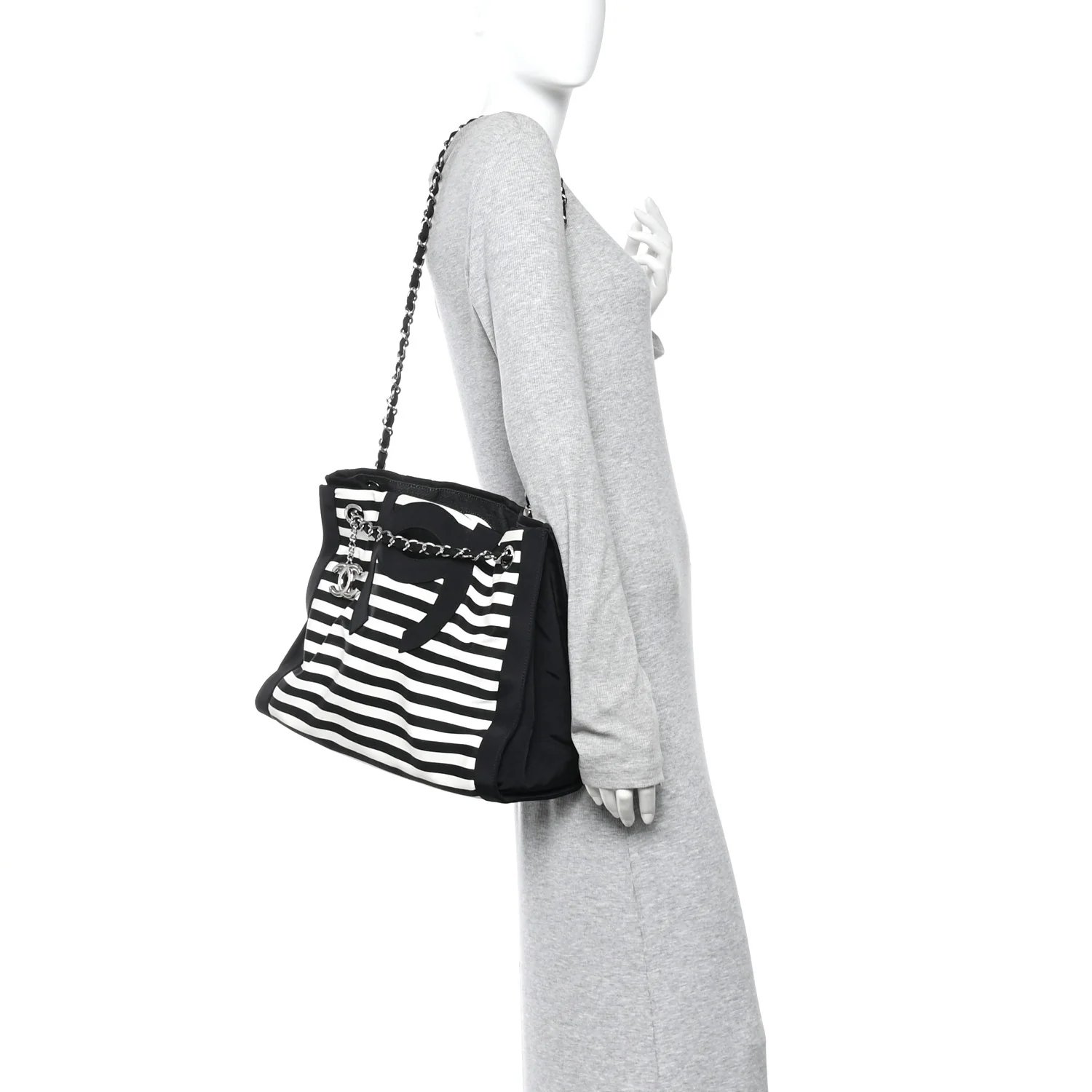 Canvas Grosgrain Striped CC Shopping Tote Black White