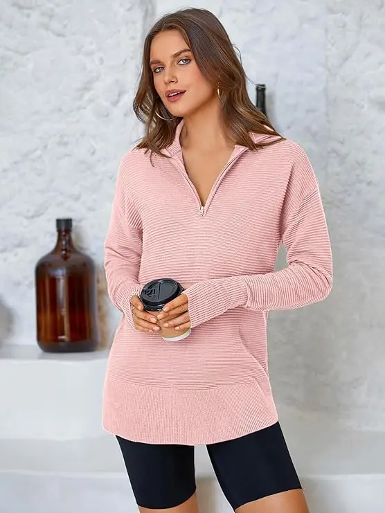 PRETTYGARDEN Women's Long Sleeve Quarter Zip Pullover Sweater Casual Loose V Neck Collared Ribbed Knit Jumper Tops Thumb Hole Cozy Ribbed Knit Soft Warm Trendy Colors for Every Season