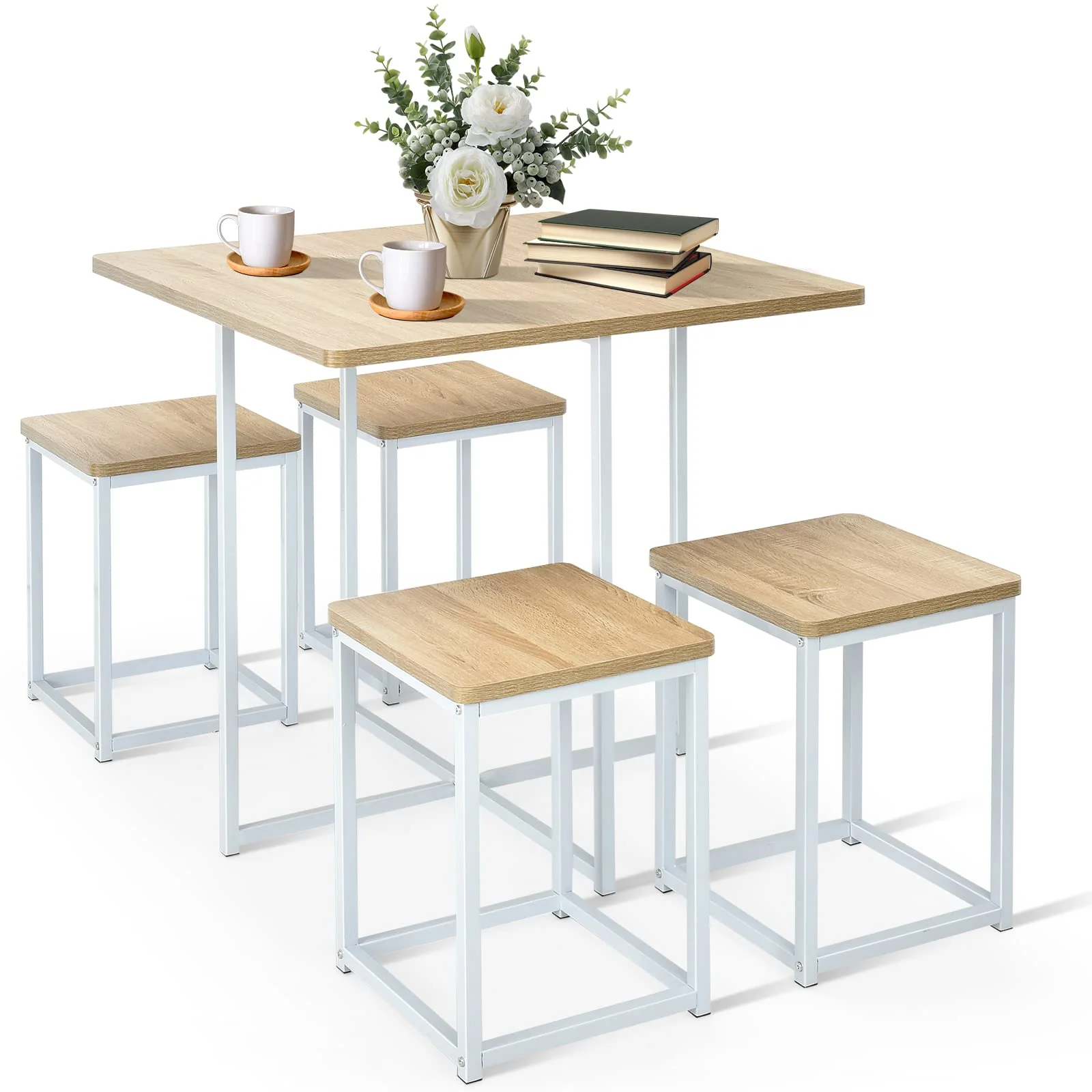 BEFOUNDLOVELY 5 Piece Dining Table Set for 4 (Includes 1 Square Table and 4 Stools)
