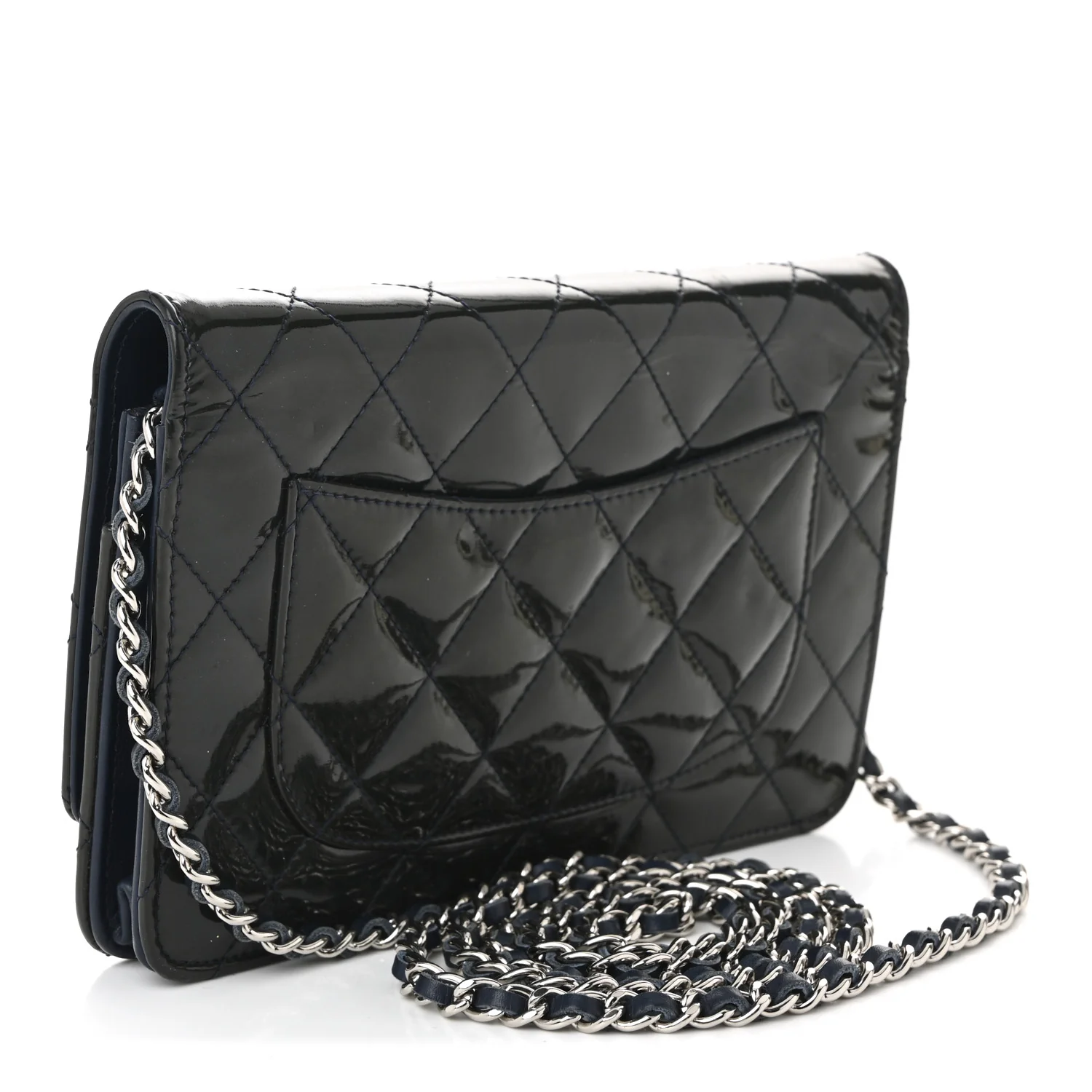 Patent Quilted Wallet On Chain WOC Navy Blue - Top Club