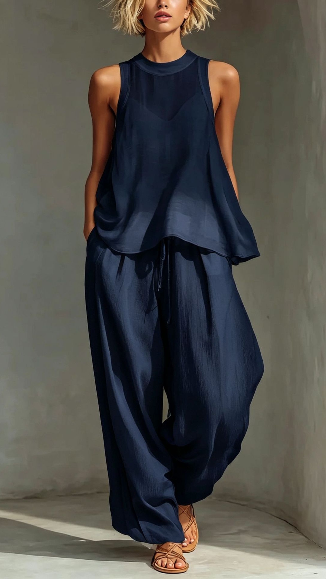 Women's Chiffon Semi-Sheer Round Neck Sleeveless Vest Drawstring Wide-Leg Pants Loose Fit Suit - Nordfashionstorm - Women's Clothing, Fashion for You - Nordfashionstorm.com