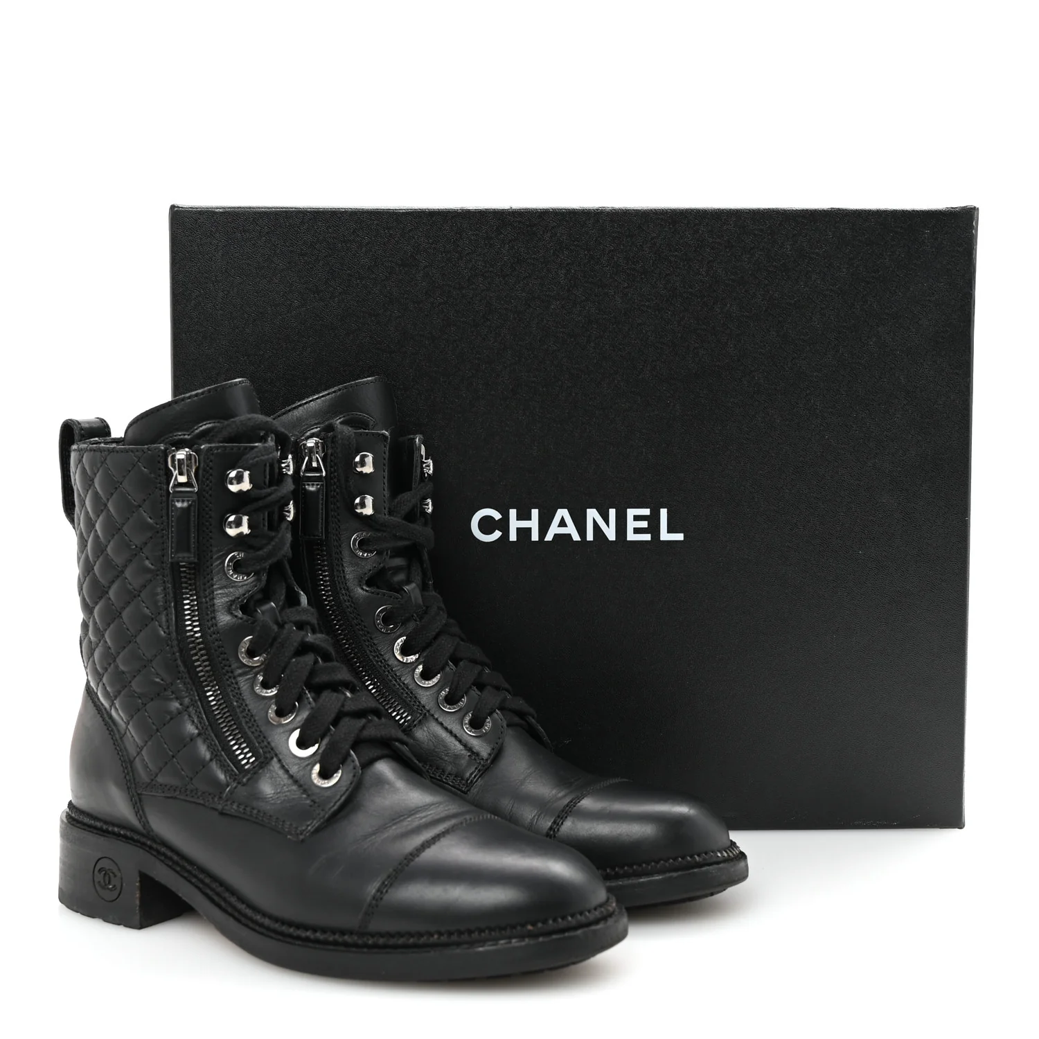 Calfskin Quilted Lace Up Combat Boots 37.5 Black - Top Club