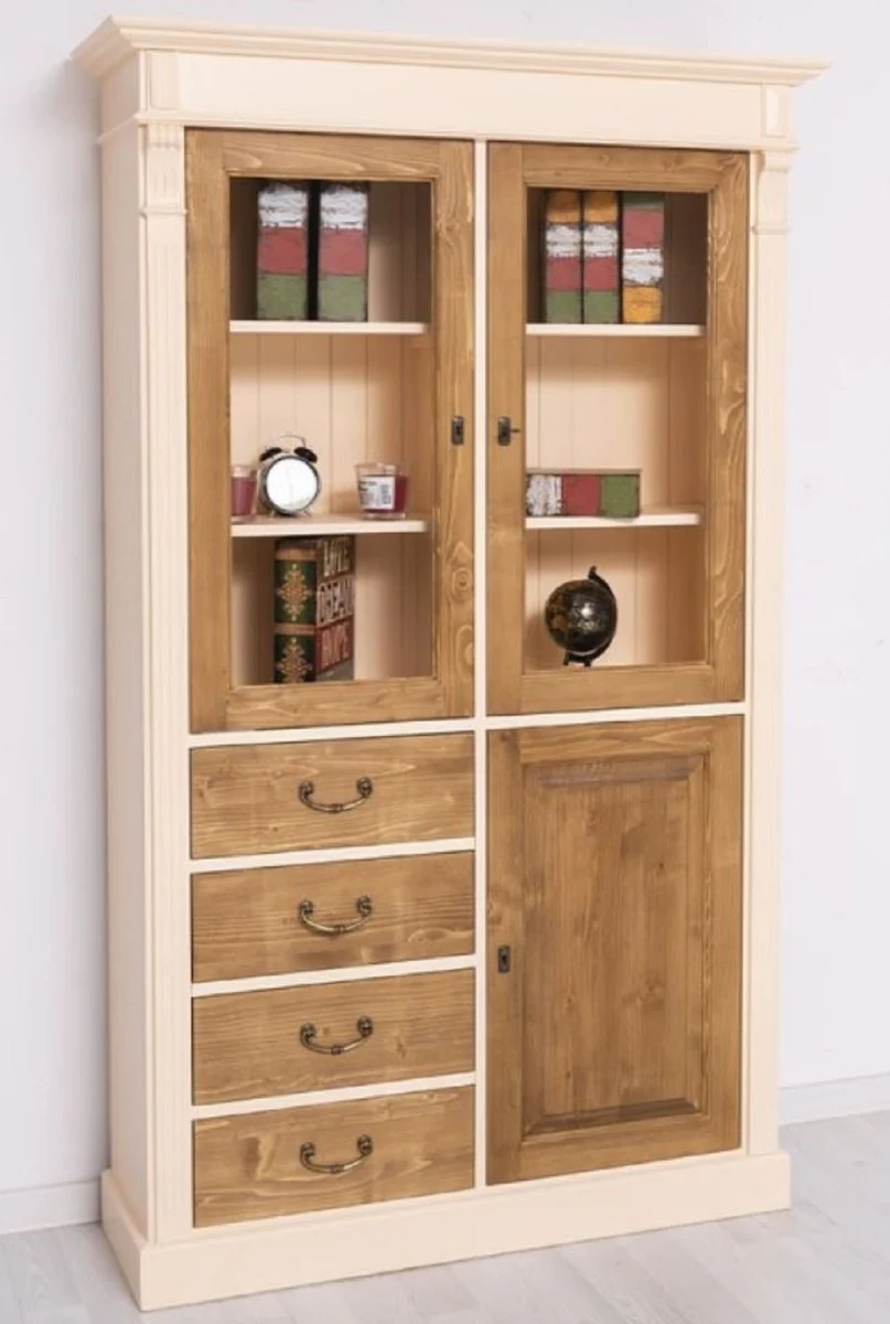 Country house style cabinet cream / brown 120 x 39 x H. 197 cm - country house style dining room cabinet - country house style display cabinet - solid wood furniture - country house style furniture