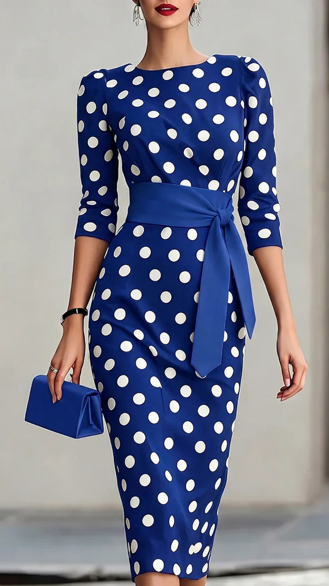 Women's Cotton‑blend Black‑white Polka‑dot Boat‑neck Mid‑sleeve Tie‑waist Bodycon Midi Dress - Nordfashionstorm - Women's Clothing, Fashion for You - Nordfashionstorm.com