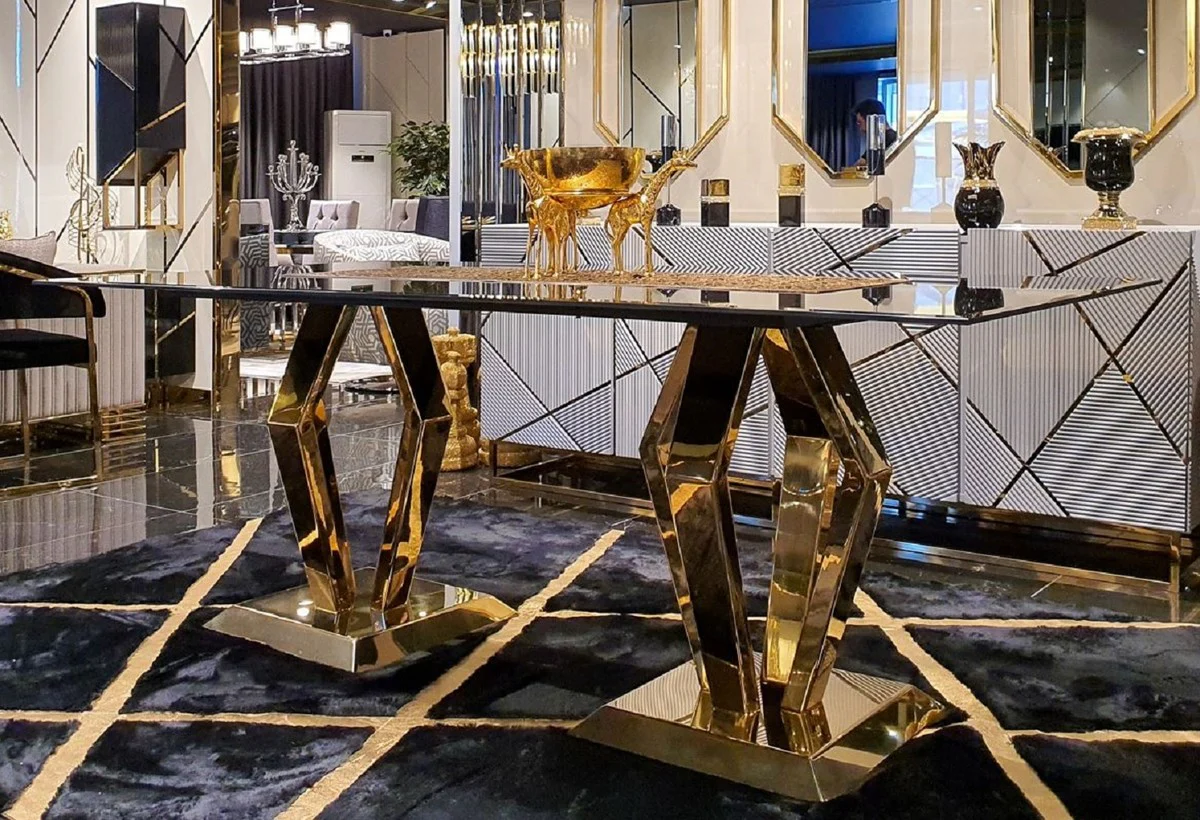 Luxury dining table gold 200 x 100 x H. 77 cm - Modern dining room table with glass top - Dining room furniture - Luxury collection