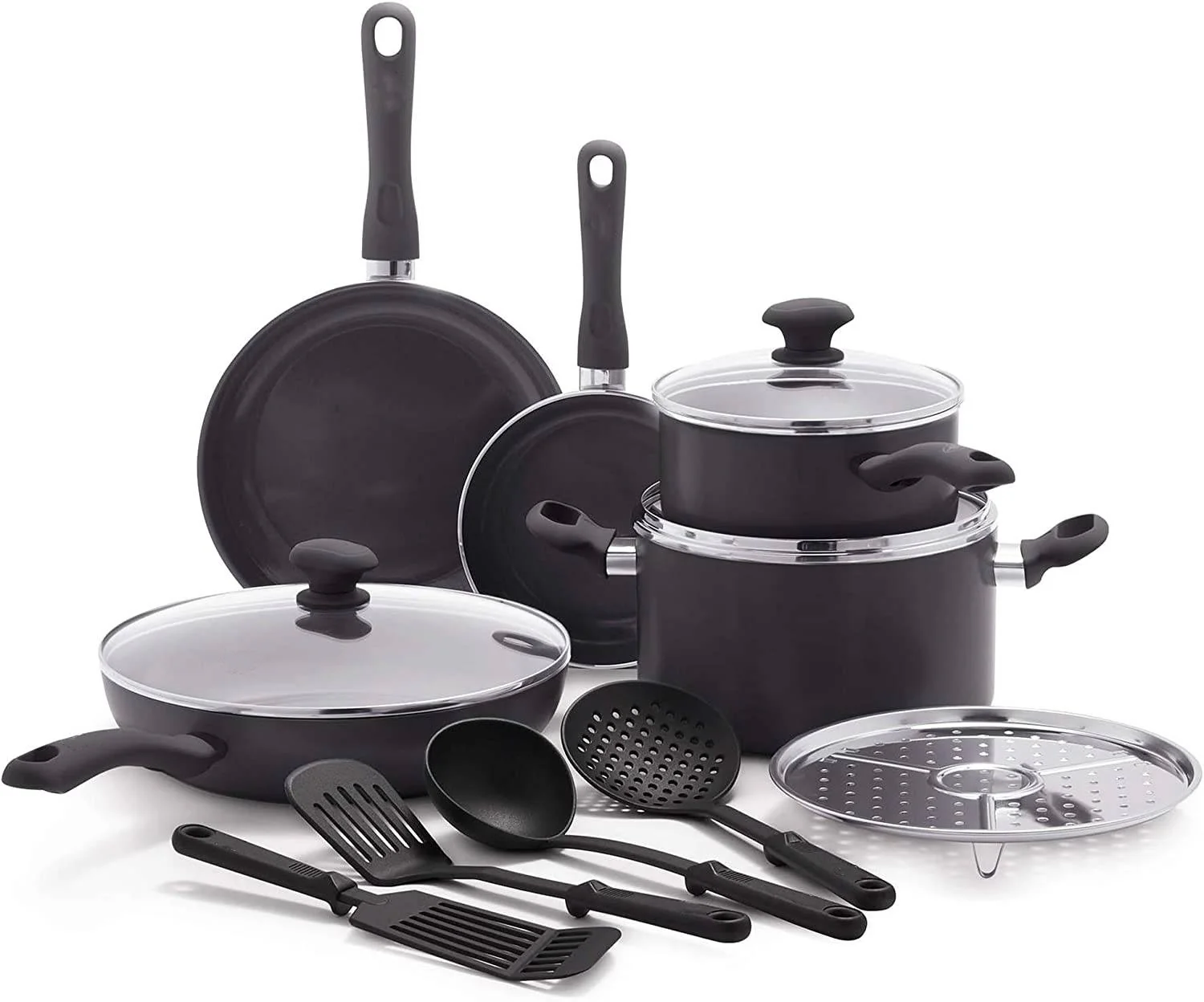 Soft Grip Diamond Healthy Ceramic Nonstick 13 Piece Pots and Pans Cookware Set, PFAS Free, Dishwasher Safe, Black