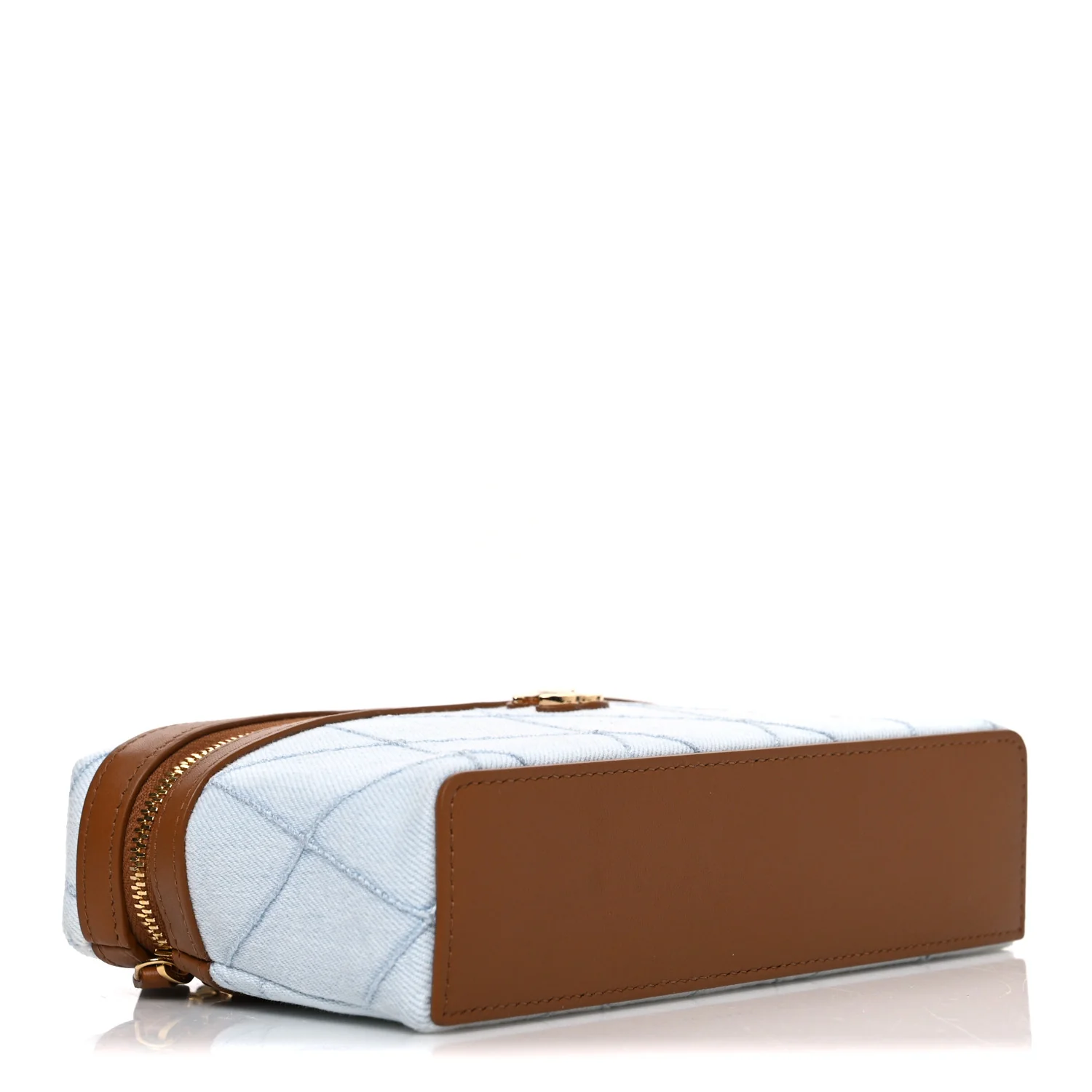 Washed Denim Calfskin Quilted Top Handle Slim Vanity Case With Chain Blue Brown - Top Club