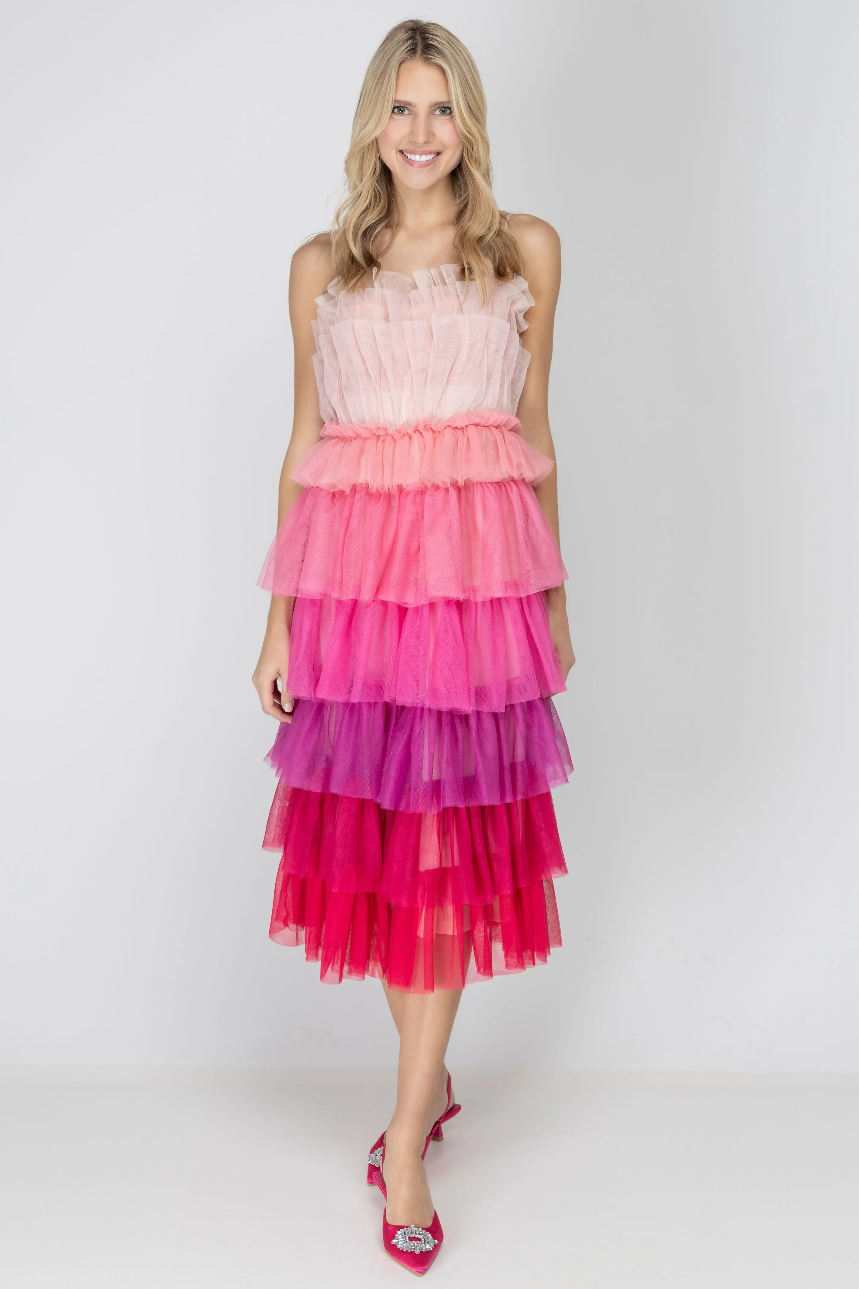 Pink Ombre Tulle Midi Dress - ALJEGJ