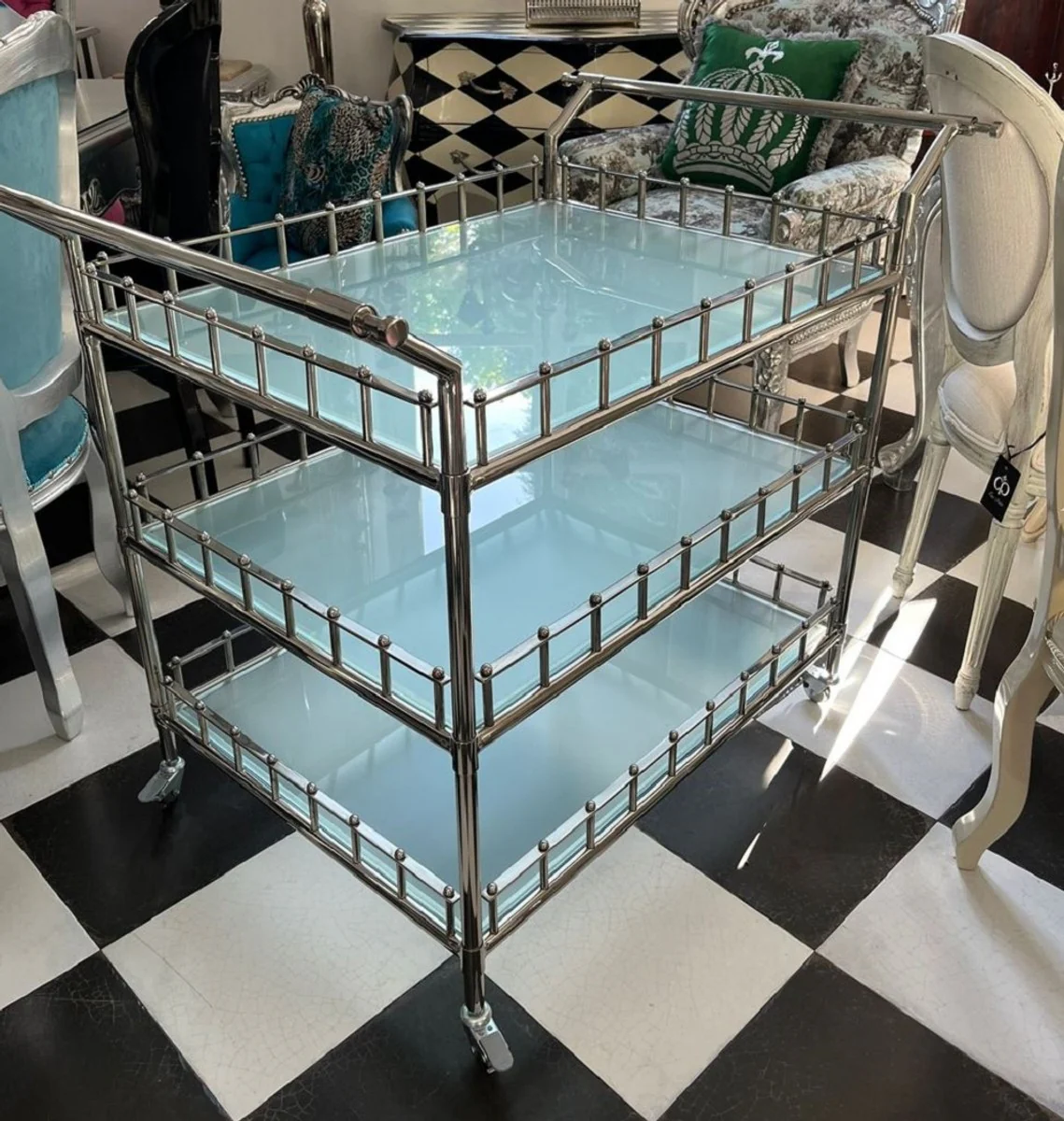 Luxury trolley silver 102 x 71.5 x H. 90.5 cm - stainless steel serving trolley with glass plates - hotel restaurant catering trolley - hotel & restaurant accessories