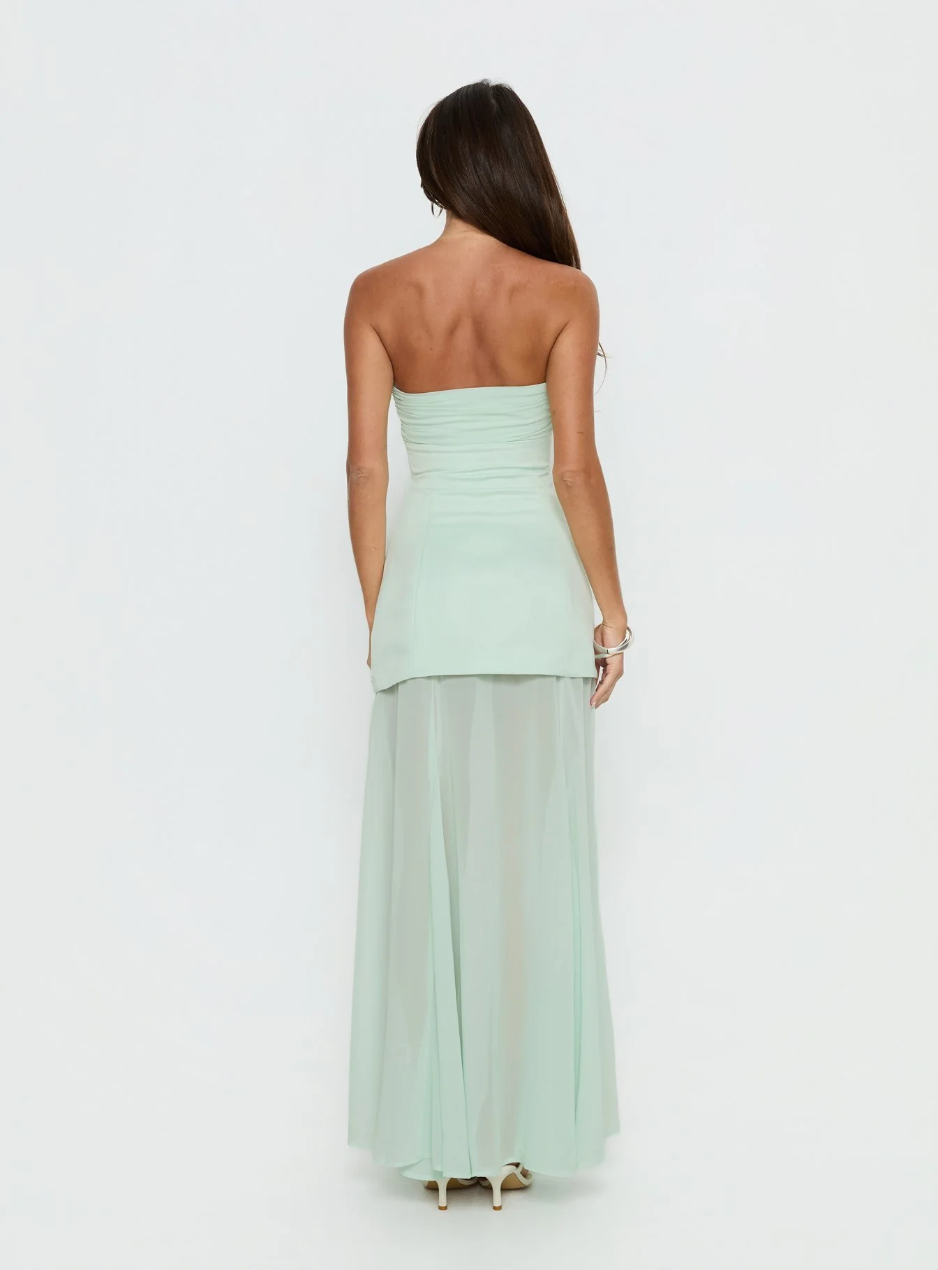 Flashy Sheer Chiffon Strapless Maxi Dress Green