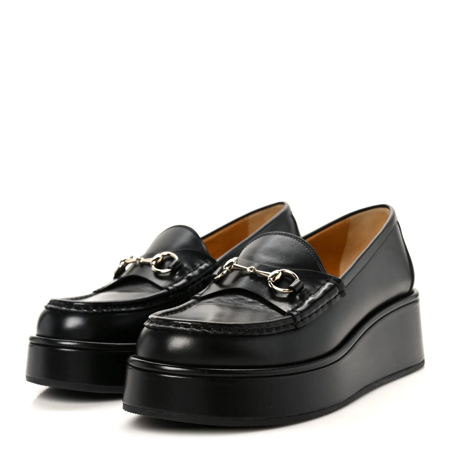 Kama Calfskin Horsebit Womens Wedge Platform Loafers 38.5 Black - Top Club