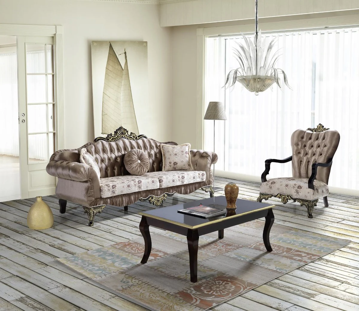Baroque Living Room Set Brown / Beige / Black / Gold - 2 Sofas & 2 Armchairs & 1 Coffee Table - Baroque Living Room Furniture