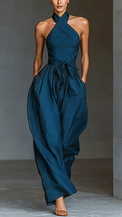 Women's Cotton‑blend Peacock Blue Crisscross Halter Waist‑cinched Wide‑Leg Jumpsuit - Nordfashionstorm - Women's Clothing, Fashion for You - Nordfashionstorm.com