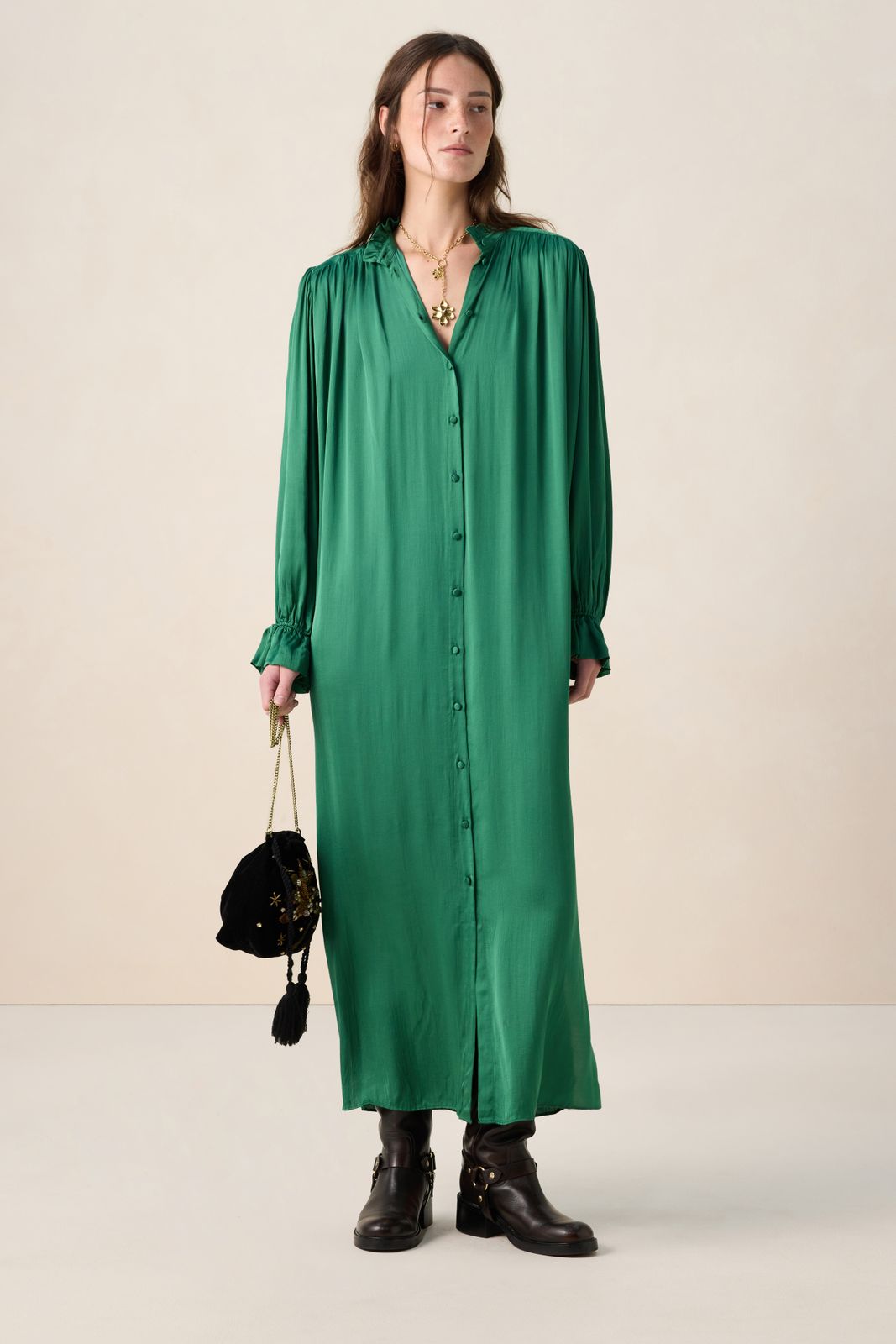 Groene satijnen maxi jurk