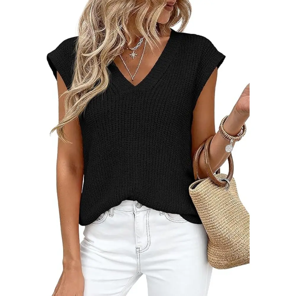 PrettyGarden Women's Lightweight Sweaters Vest Spring Trendy Cap Sleeve V Neck Knit Tank Tops Summer Going Out Outfits
