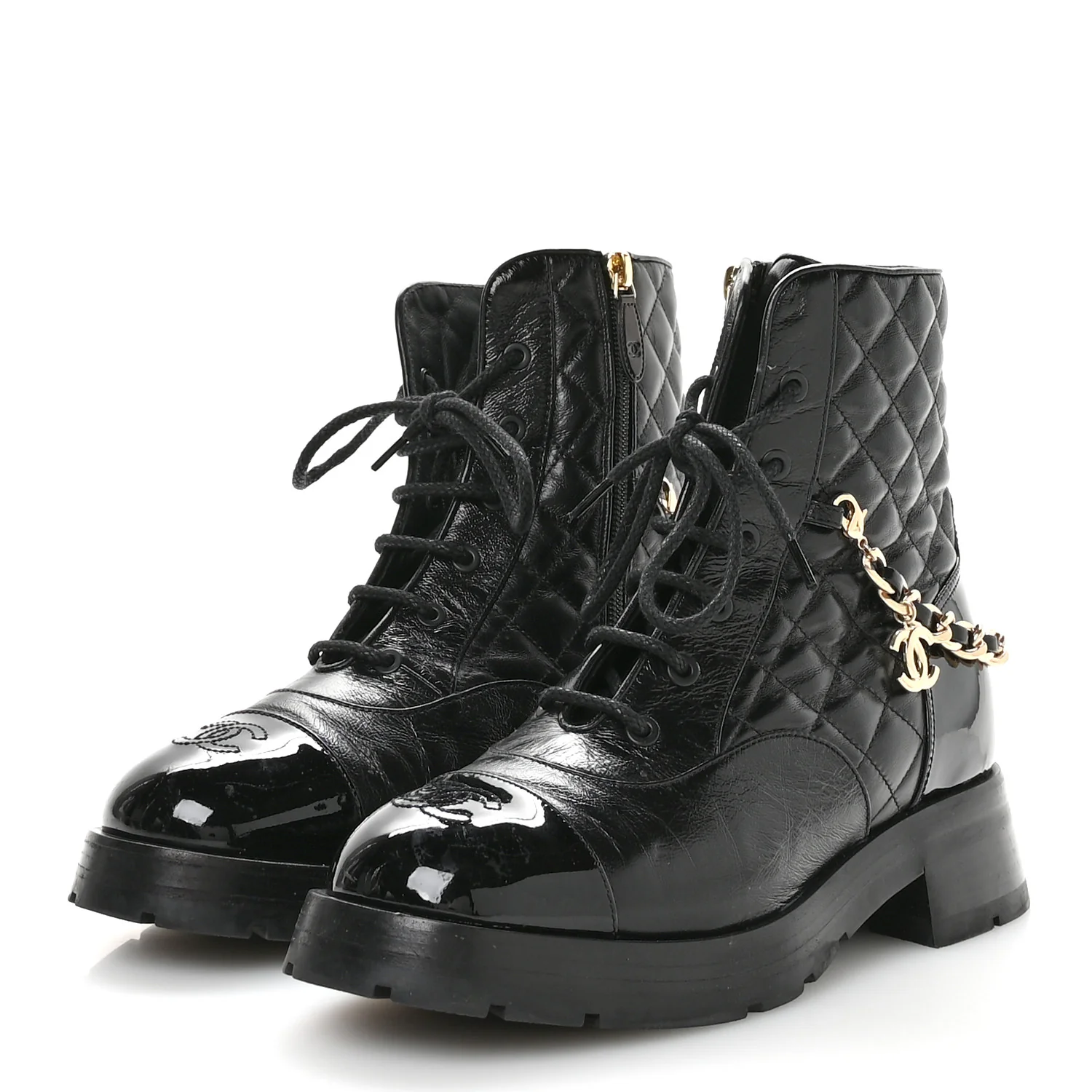 Shiny Calfskin Patent Quilted Chain Lace Up Combat Boots 40 Black - Top Club