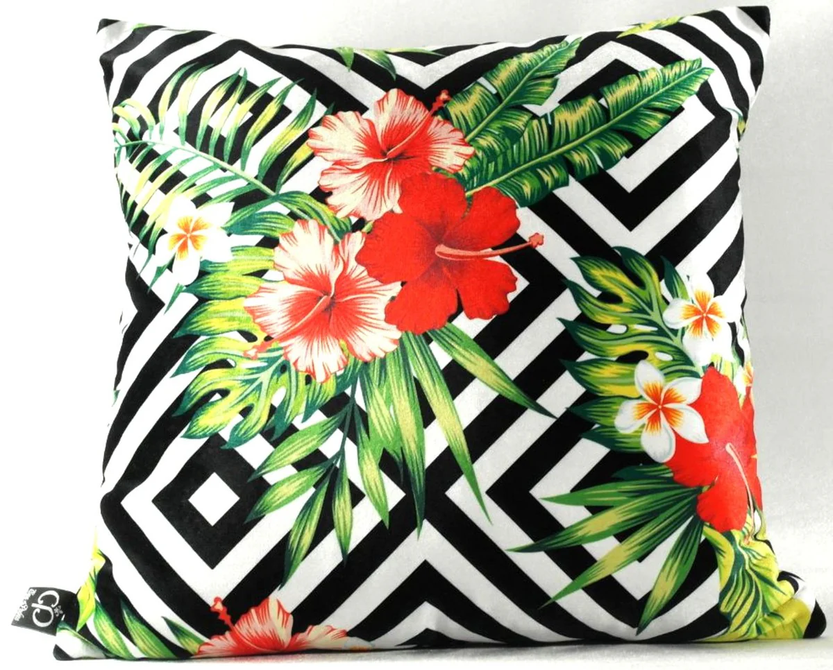 Luxury decorative cushion Miami Flowers & Leaves black / white / multicolored 45 x 45 cm - finest velvet fabric - luxury quality