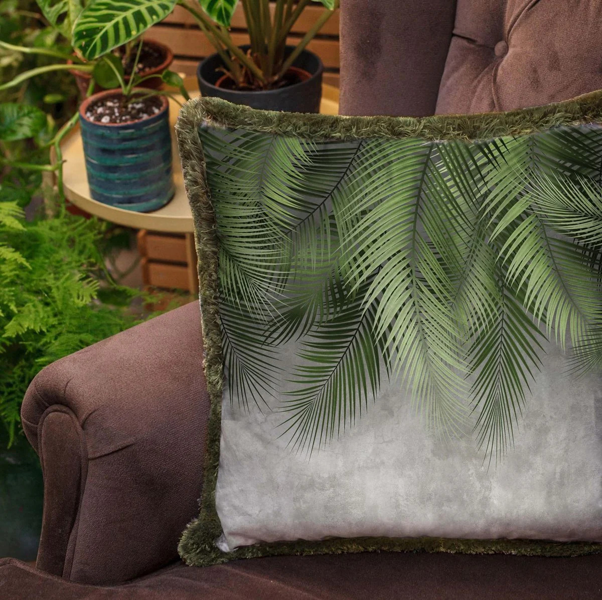 Luxury decorative cushion palm leaves gray / green 45 x 45 cm - printed velvet cushion with fringes - luxury decorative accessories