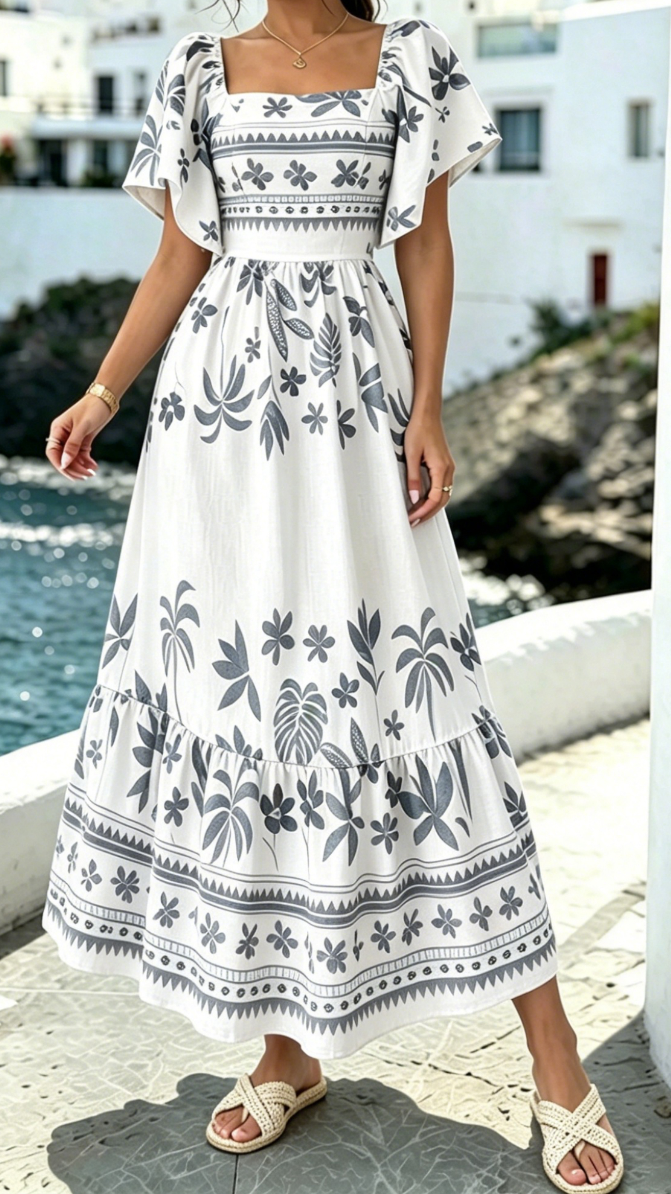 Women's Printed Dress with Square Neckline and Flutter Sleeves - Nordfashionstorm - Women's Clothing, Fashion for You - Nordfashionstorm.com