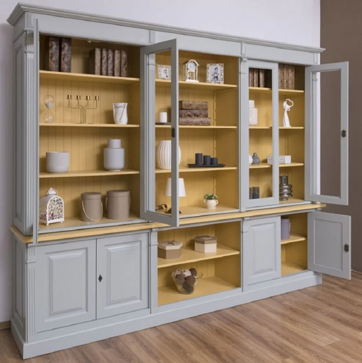 Country house style living room cabinet gray / yellow 286 x 51 x H. 228 cm - solid wood cabinet - bookcase - shelf cabinet - country house style furniture