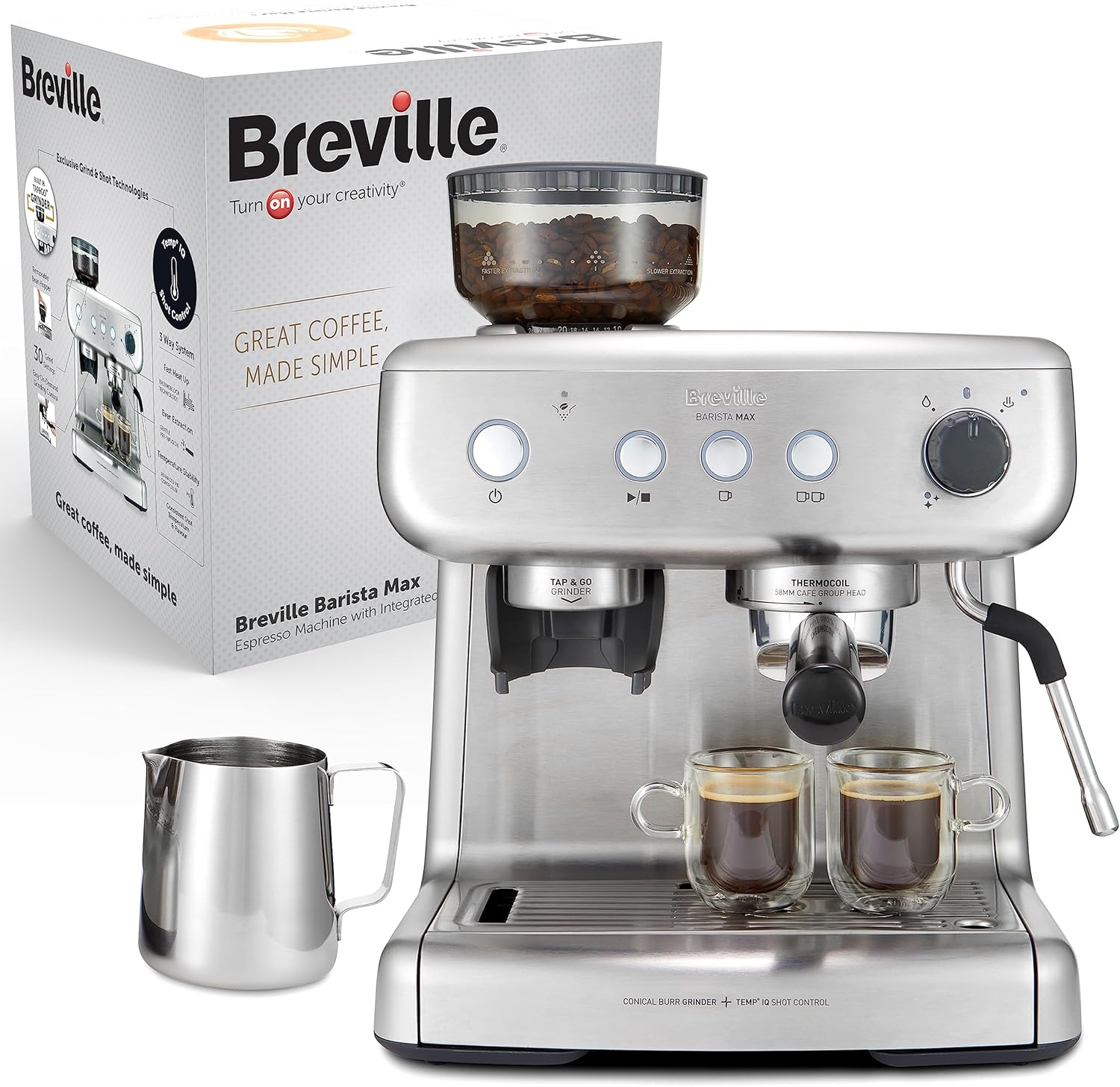 Breville Macchina per caffè espresso Barista Max, sistema Thermoblock con tecnologia PID, vaporizzatore, pompa italiana 15 bar, capacità 2.8 l, 1550 W, Macina caffè integrato, Argento