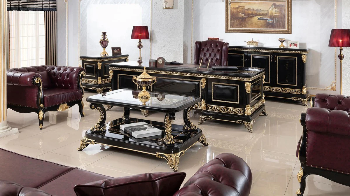 Luxury baroque coffee table with glass top black / gold - magnificent solid wood living room table in baroque style - baroque living room furniture - noble & magnificent