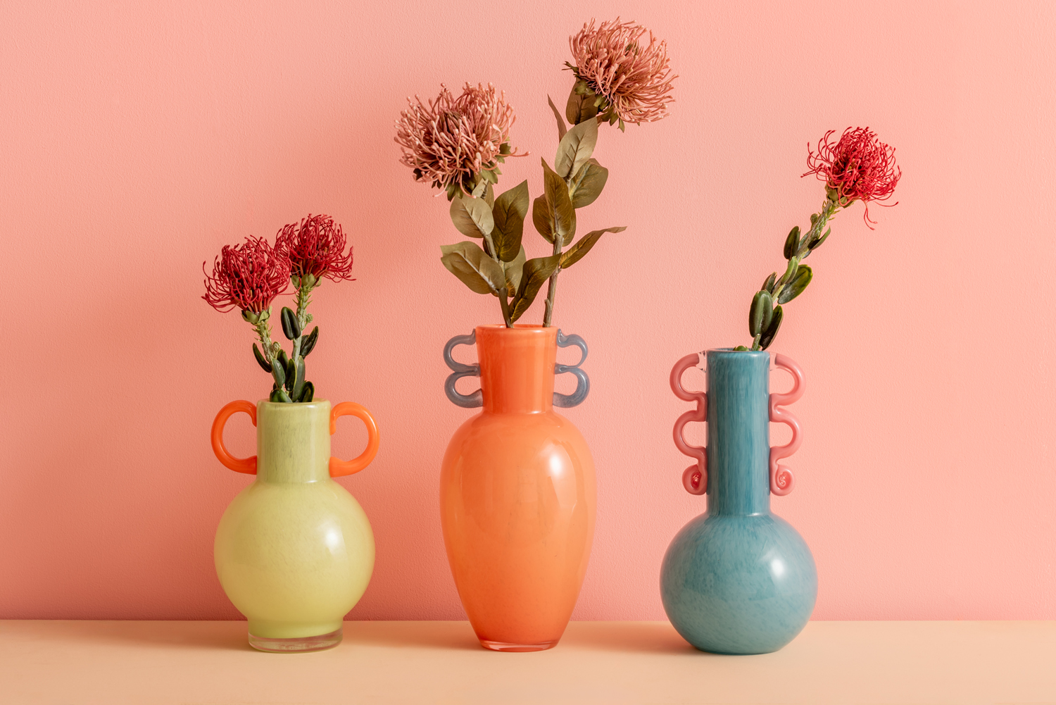Vase Fiesta glass large peach orange, blue handles