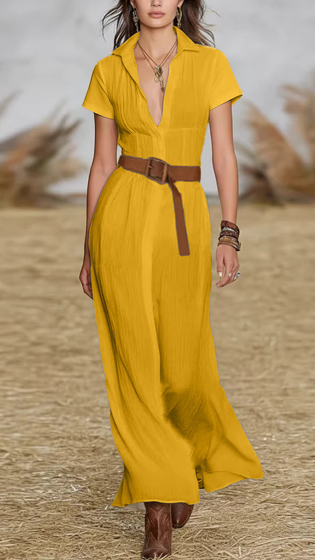 Women's Cotton‑blend Ginger Yellow Collared V‑Neck Short‑Sleeve Belted Waist‑cinched Maxi Dress - Nordfashionstorm - Women's Clothing, Fashion for You - Nordfashionstorm.com