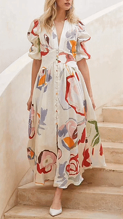 Women's Cotton-Blend Off-White Art Print V-Neck Puff Sleeve Dress - Nordfashionstorm - Women's Clothing, Fashion for You - Nordfashionstorm.com