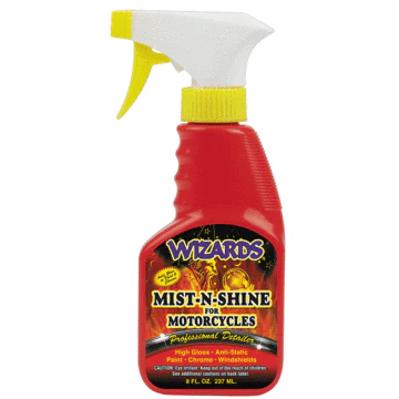 Wizards 22208 Mist-N-Shine Motorcycle Professional Detailer - Multi-Use Glass Cleaner and Scratch Remover for Motorcycle Tool Kit - Adds Gloss to Paint, Chrome and Glass - 8 oz - Made in USA