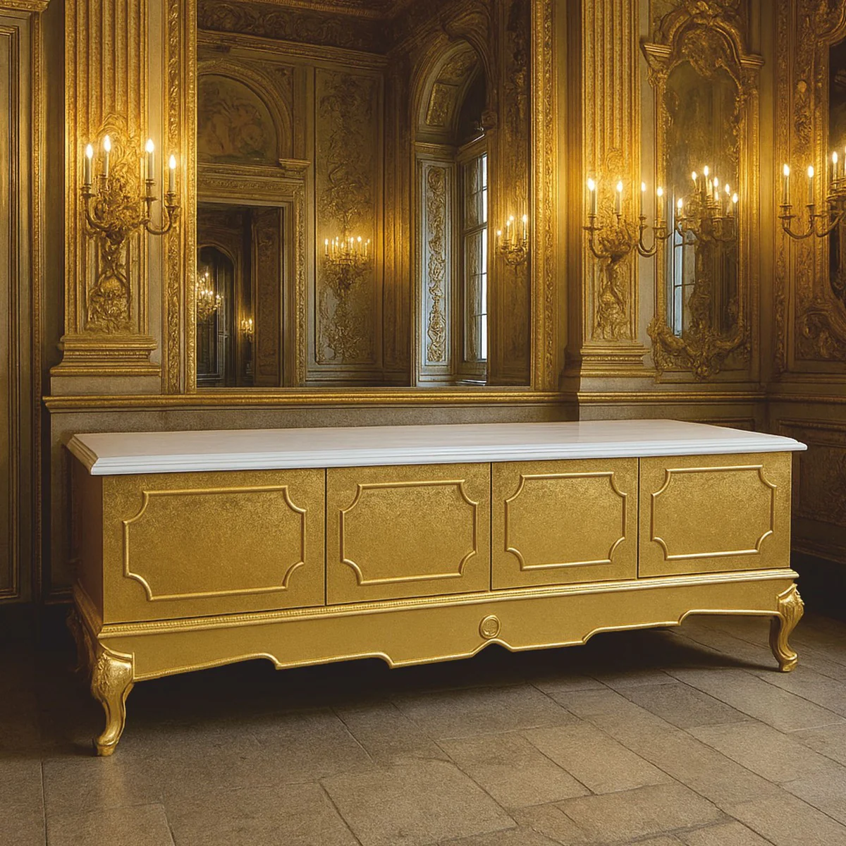Luxury Baroque TV Cabinet Gold / White 200 cm - Baroque Living Room Furniture
